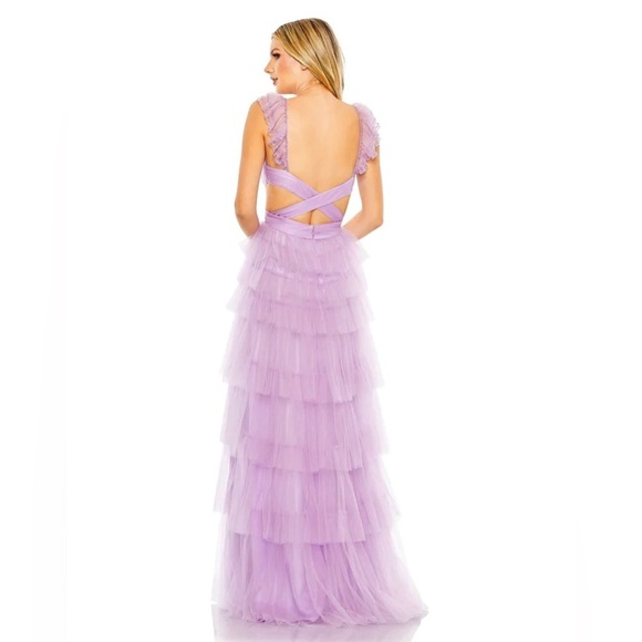 NEW Mac Duggal Lilac Ruffle Tiered Maxi Dress with Criss Cross Open Back NWT 4 - Picture 3 of 14